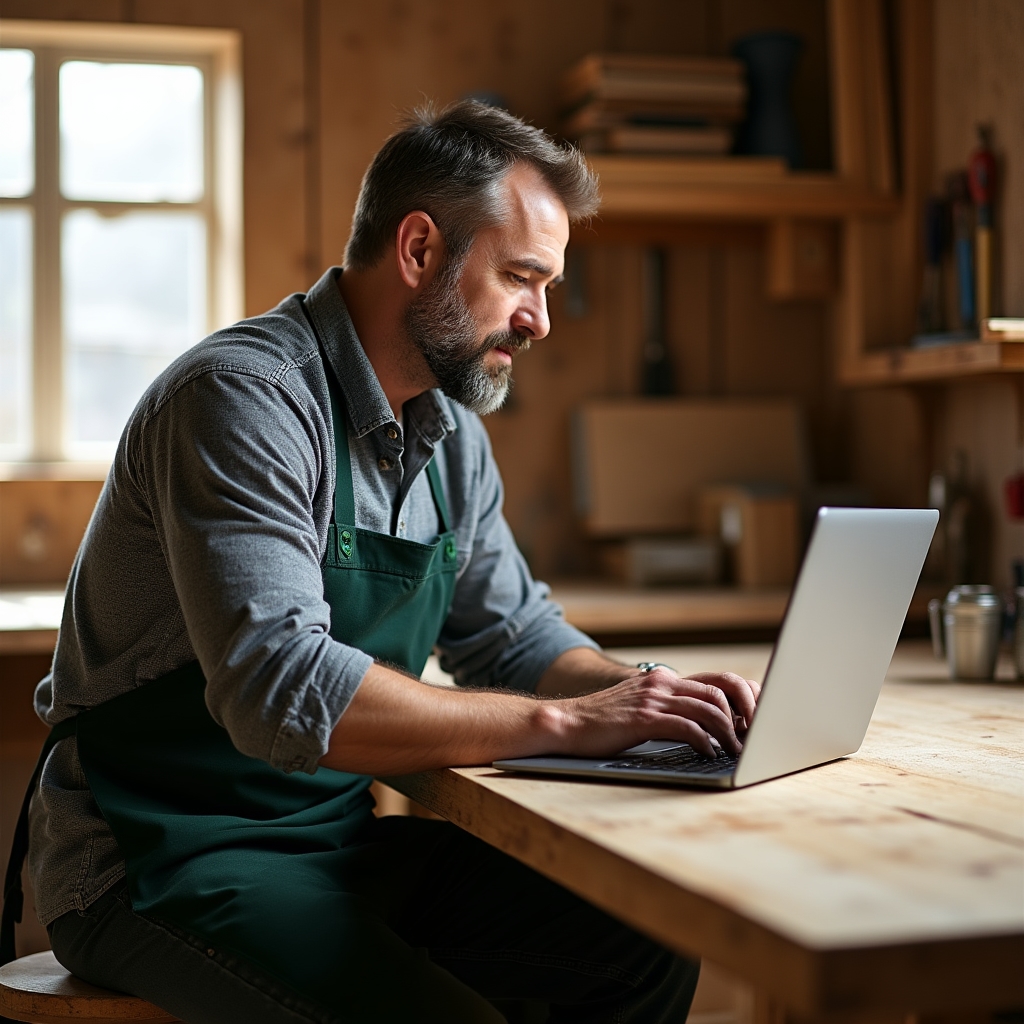 Tâmplar care lucrează la laptop în atelier de lemn
