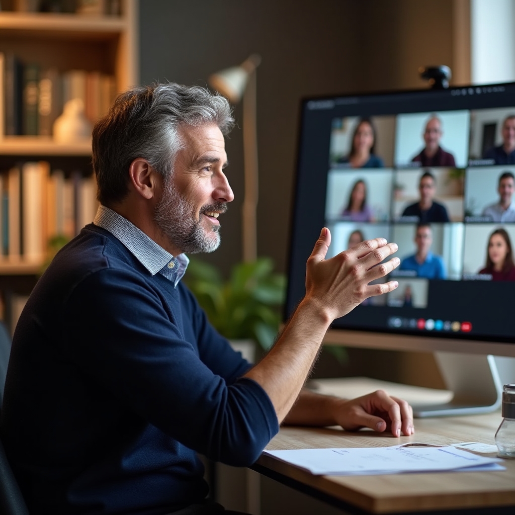Instructor prezentând curs online pentru tâmplari pe ecran