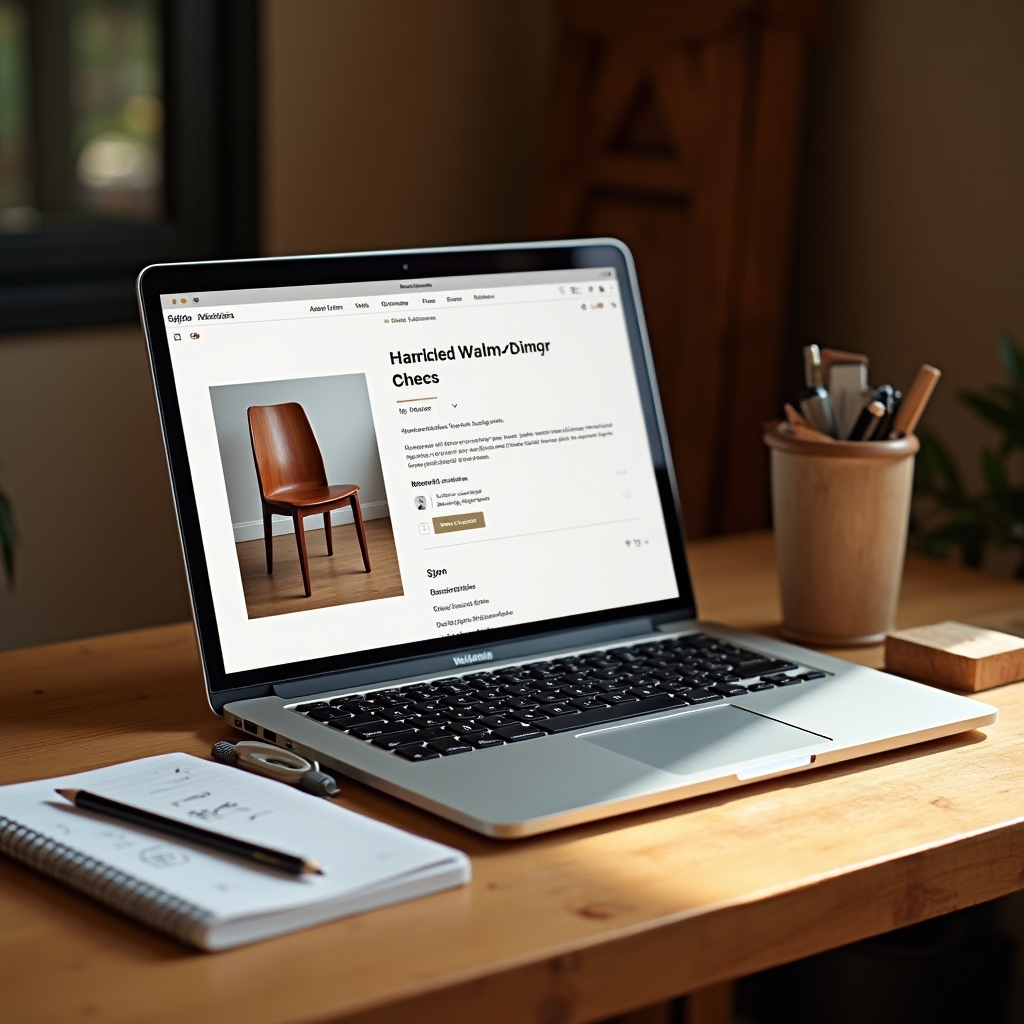 Ecran laptop cu anunț de mobilier pe un marketplace online